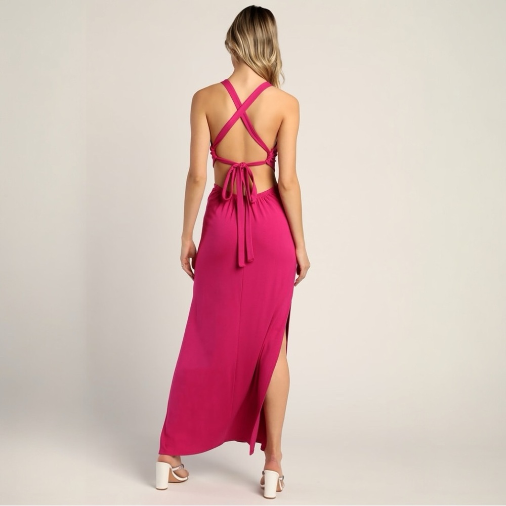 Lulus Adoring Aura Magenta Halter Neck Cutout Lace-Up Maxi Dress MEDIUM - Picture 3 of 5